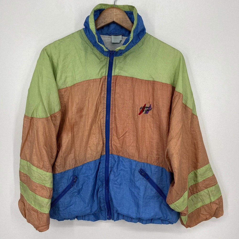 Vintage Fashion Sport Colorblock Windbreaker Jacket Green Coral Blue Full Zip L